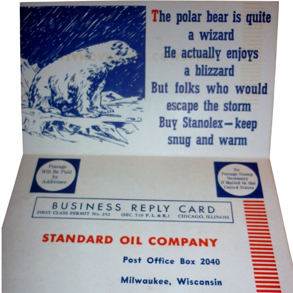 Stanolex Standard Oil Heating Postcard Polar Bear Penguin 1930s Ad